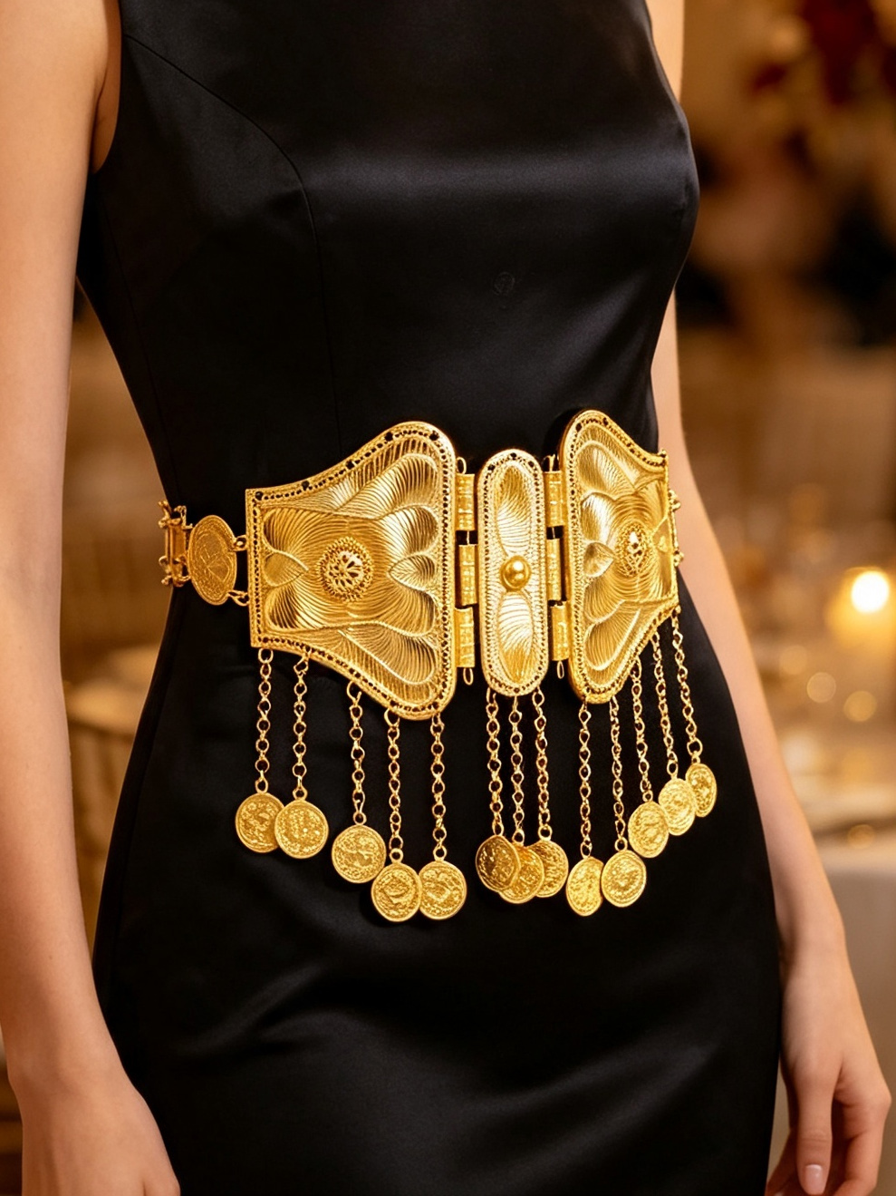 Ethnic Boho Fashion - เข็มขัดคาดเอวพู่ห้อยเหรียญทองวินเทจ สไตล์โบโฮ ลายแกะสลักโลหะ สายคาดเอวปรับได้ เครื่องประดับร่างกายสำหรับผู้หญิง งานแต่งงาน