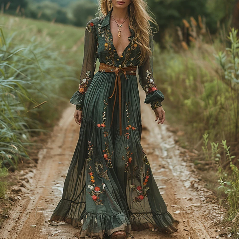 Ethnic Boho Fashion - แฟชั่นชาติพันธุ์ดอกไม้พิมพ์ชุดวินเทจสําหรับผู้หญิงเซ็กซี่ V คอเอวยาวชุดฤดูใบไม้ผลิฤดูใบไม้ร่วงแขนยาว Boho Maxi ชุด