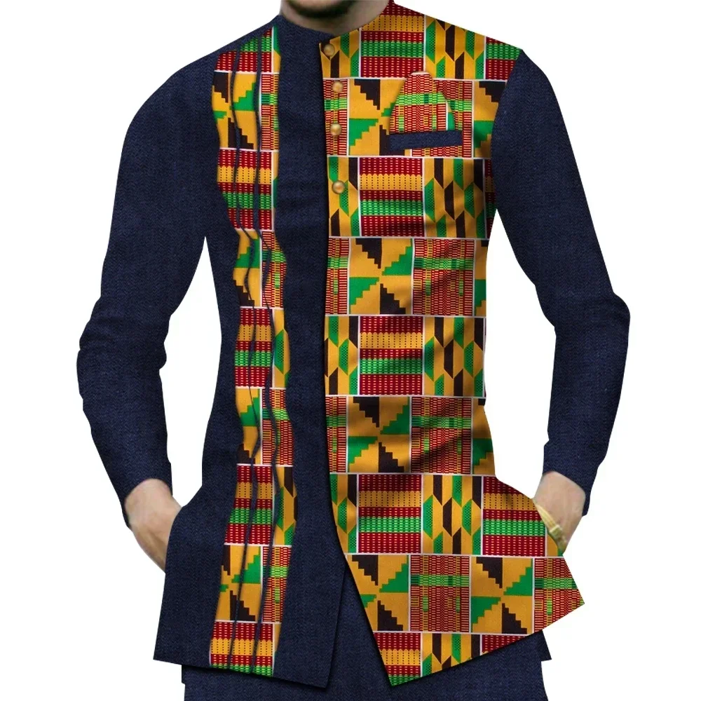Dashiki Shirt Men - สบายๆ 100% Cotton Mensเสื้อผ้าแอฟริกันDashiki Patchworkพิมพ์เสื้อBazin Richeแบบดั้งเดิมแอฟริกันเสื้อผ้าWYN380