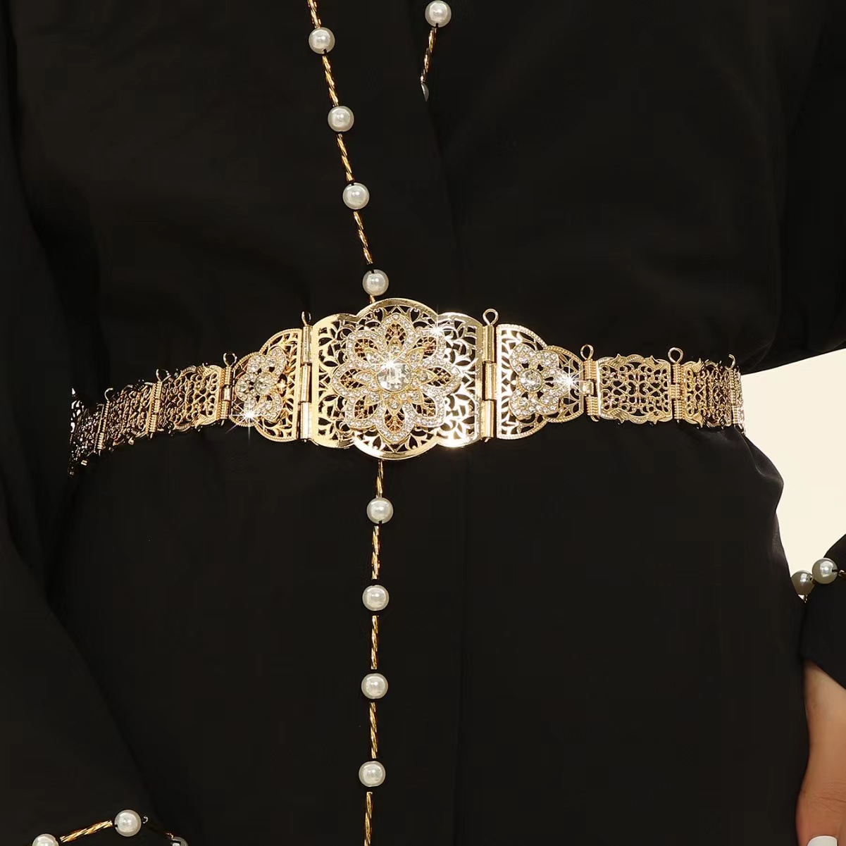 Ethnic Chic Fashion - Sunspicems Chic โมร็อกโก Caftan เข็มขัดผู้หญิงคริสตัลดอกไม้โลหะเอว Chain