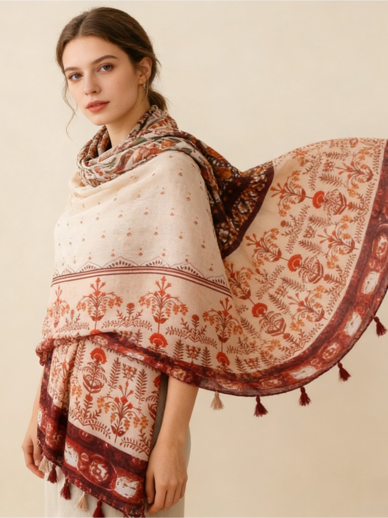 Go Ethnic Fashion - ผ้าพันคอไหมพิมพ์ลายดอกไม้สไตล์ฝรั่งเศสย้อนยุค สีคาราเมล 1 ผืน ผ้าพันคอแบบบาง สไตล์ชาติพันธุ์
