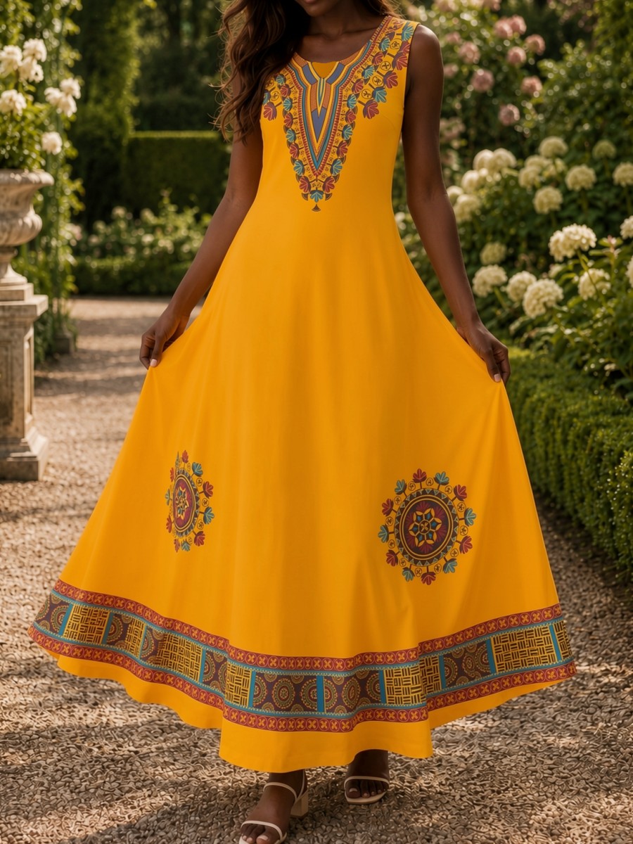 Ethnic Boho Fashion - ชุดเดรสยาวลายพิมพ์แอฟริกันสำหรับผู้หญิง แขนกุด ทรงเอไลน์ สไตล์ดาชิกิ ชุดเดรสยาวสไตล์โบโฮ สำหรับฤดูร้อน