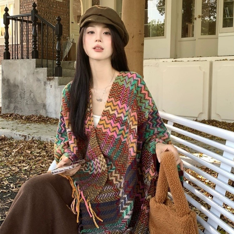 Go Ethnic Fashion - 110*175 ซม.สไตล์ชาติพันธุ์ผ้าคลุมไหล่-หนา Fringe แยก Cape,WARM Winter