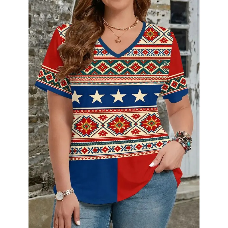 Y2K Ethnic Fashion - เสื้อยืดสไตล์ชาติพันธุ์พร้อมลายพิมพ์ 3 มิติสำหรับผู้หญิง เสื้อผ้าแนวสตรีทแฟชั่น คอวีแขนสั้น เสื้อยืดลำลองสไตล์