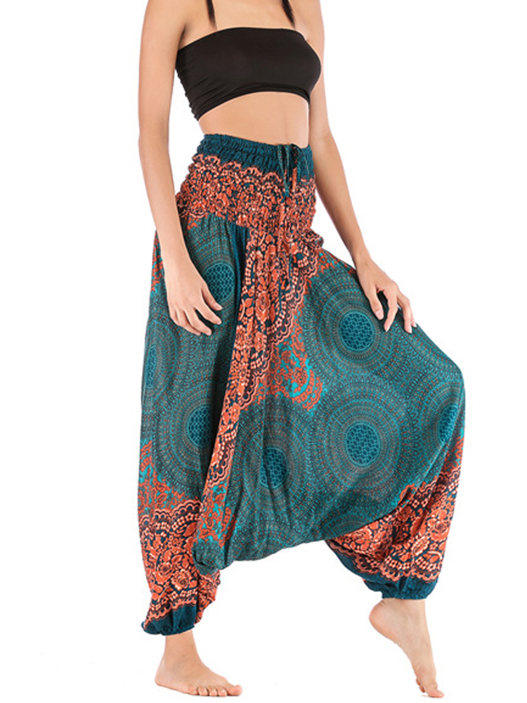 Ethnic Boho Fashion - กางเกงขายาวลำลองลายดอกไม้สไตล์โบฮีเมียนย้อนยุคสำหรับผู้หญิง แฟชั่นฤดูร้อนปี 2026 กางเกงเอวสูงยางยืดสไตล์ไทย ฮิปปี้ โยคะ