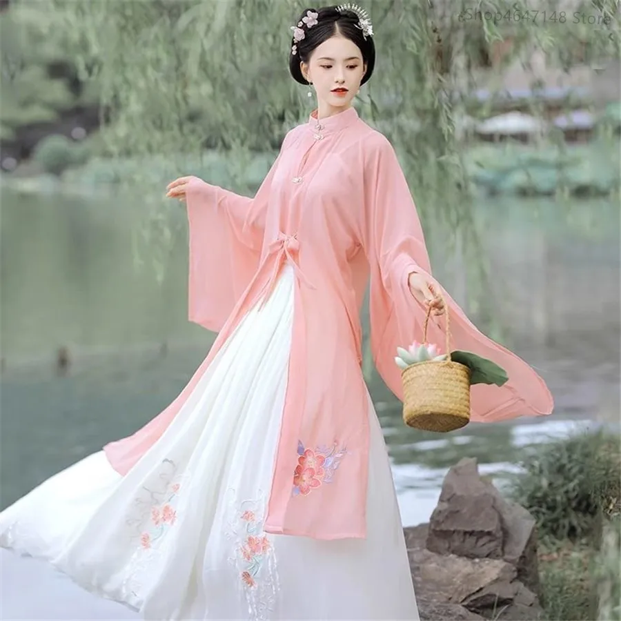 Ethnic Dress Fashion Show - เสื้อผ้าผู้หญิงสีชมพูสีส้มสีเขียวแบบจีนโบราณ แฟชั่นฮั่นฝูสไตล์ชาติพันธุ์ สำหรับงานปาร์ตี้ การแสดงบนเวที คอสเพลย์ ชุดเจ้าหญิง