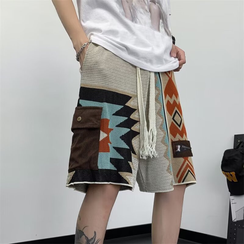 Y2K Ethnic Fashion - ฤดูร้อนบางแฟชั่นโกธิคแบบเฉพาะตัวถักสไตล์ชาติพันธุ์ญี่ปุ่นระบายอากาศได้หลวมสบายๆห้านิ้วกางเกงสั้นกลาง