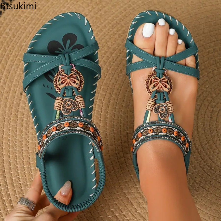 Ethnic And Fashion - รองเท้าแตะสไตล์โบฮีเมียนสำหรับผู้หญิง รองเท้าลำลองแบบสวมใส่ได้ทั้งชายหาดและกลางแจ้ง รองเท้าพื้นเรียบสไตล์ชาติพันธุ์สำหรับสุภาพสตรี รองเท้าพื้นนุ่มใส่สบาย รองเท้าแตะผู้หญิง
