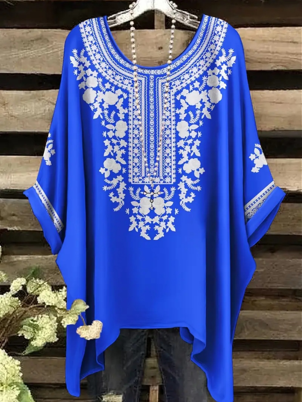 Ethnic Chic Fashion - เสื้อยืดโอเวอร์ไซส์สไตล์โบฮีเมียน ลายพิมพ์วินเทจแบบเรียบง่าย ชายเสื้อไม่สม่ำเสมอ คอกลม เสื้อผ้าผู้หญิงแฟชั่นอเนกประสงค์