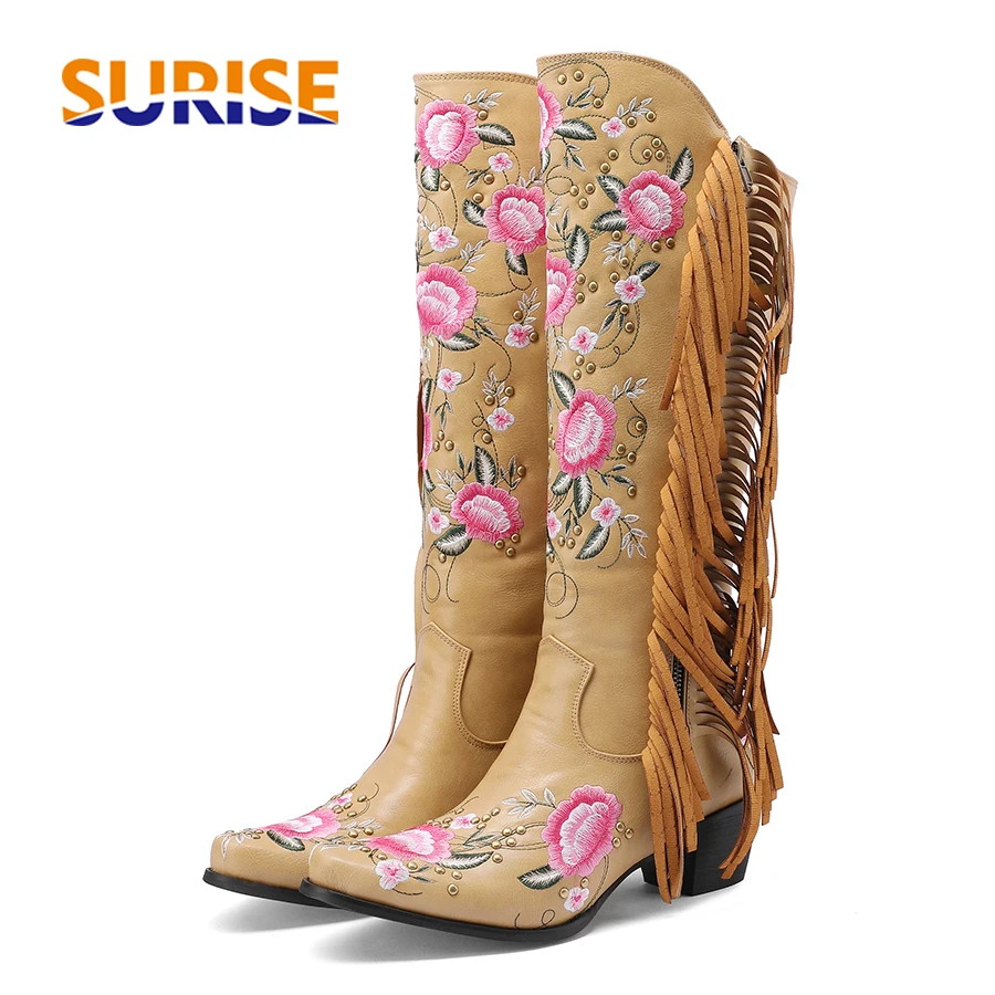 Ethnic And Fashion - แฟชั่นเย็บปักถักร้อยดอกไม้ Western เข่ารองเท้าบูทสูงผู้หญิง Pointed Toe ส้นสีดําสีน้ําตาลพู่