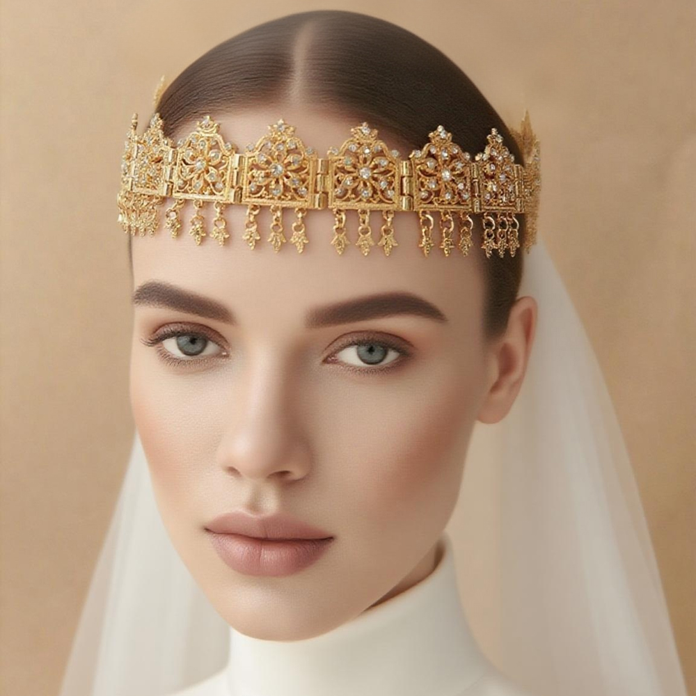 Ethnic Chic Fashion - สร้อยผมชุบทองสไตล์โมร็อกโกสำหรับผู้หญิง เครื่องประดับศีรษะสำหรับเจ้าสาวชาวอาหรับตะวันออกกลาง เหมาะสำหรับงานแต่งงานและเทศกาลต่างๆ
