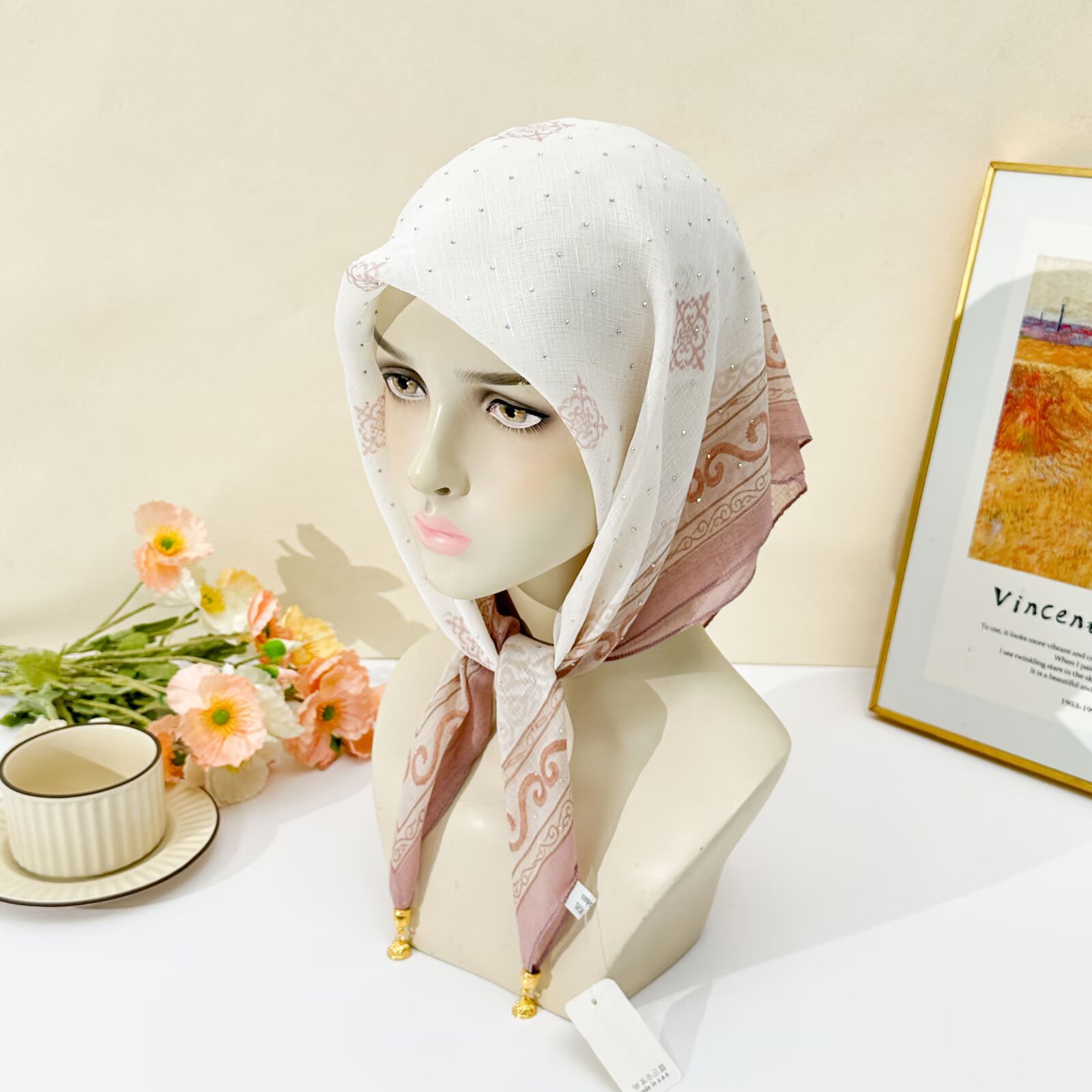 ฮิญาบลายพิมพ์ขอบสีขาวสำหรับผู้ - Go Ethnic Fashion บทวิจารณ์และราคา